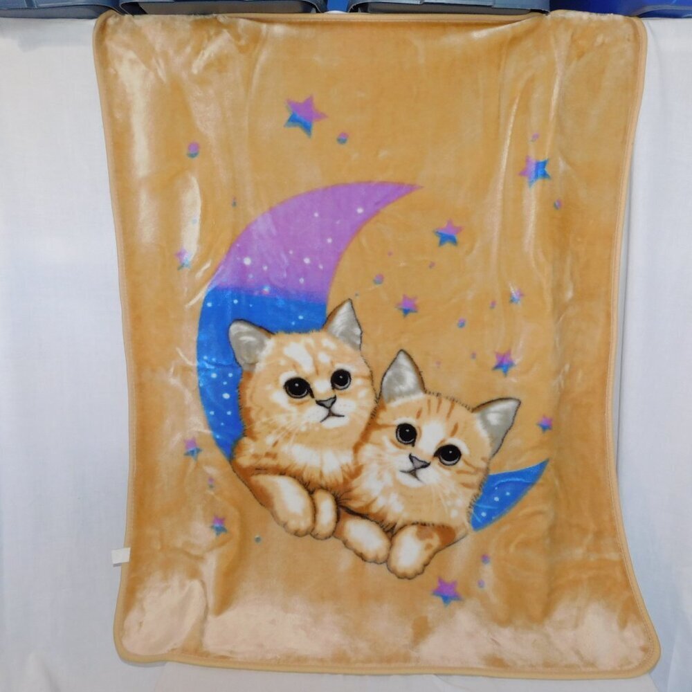 VTG 2005 Tan Tabby Cat Kitten Purple blue Moon Star Fleece Blanket Plush 53 x 42